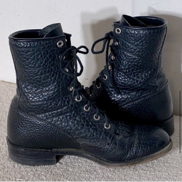 Vintage Justin Boots Black Pebbled Leather Lace Up Packer Boots 6 - Picture 6 of 13